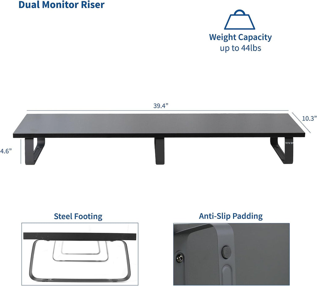 39 inch Extra Long Monitor Stand, Wood & Steel Desktop Riser, Dual Screen, TV, Keyboard, Laptop, Ergonomic Desk and Tabletop Organizer, Black, STAND-V000DL - view 3