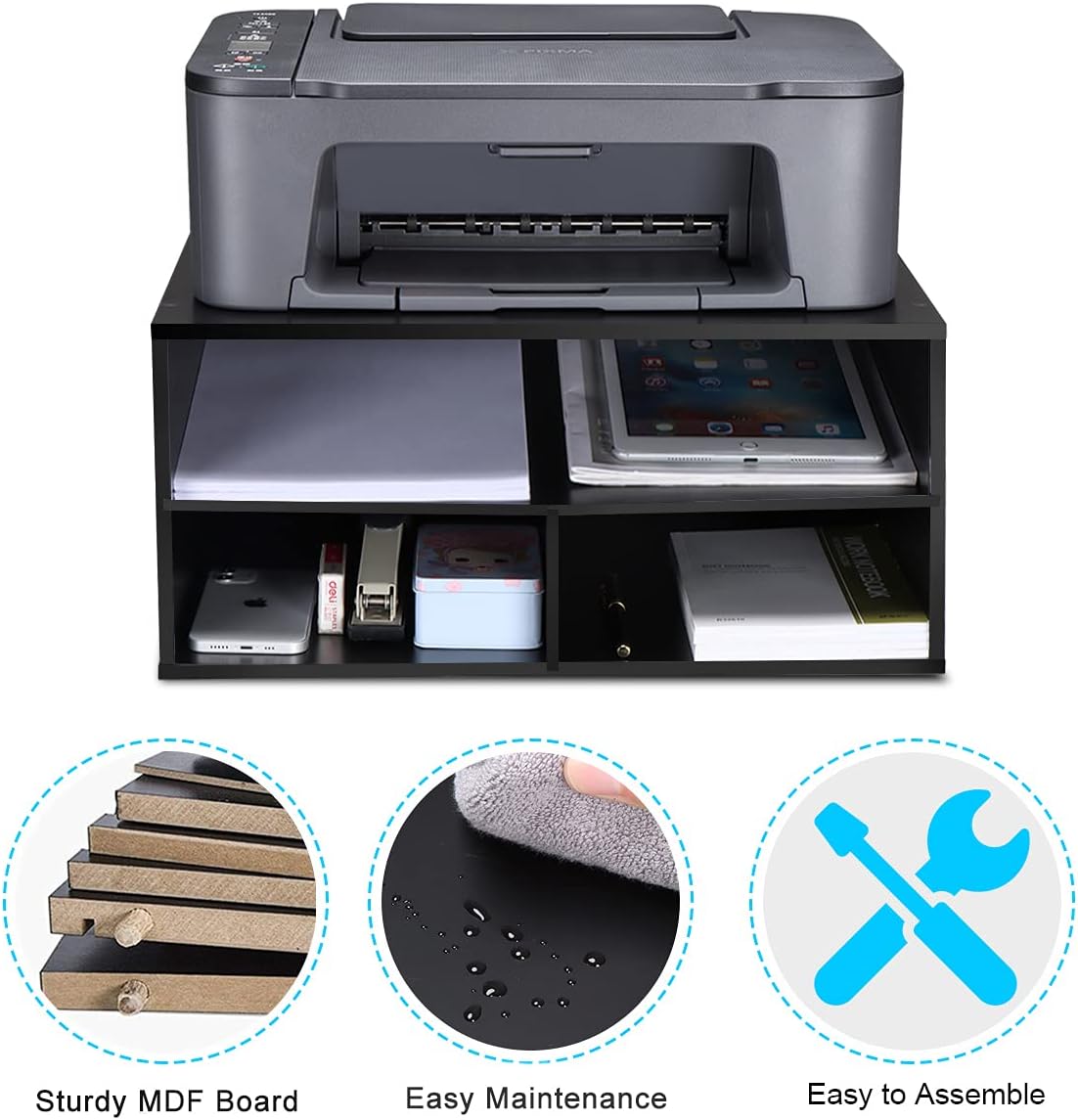Printer stand for desk - 2 tier desktop printer stand with paper storage, printer riser organizer for home office, holds up to 30 lbs, black - view 4
