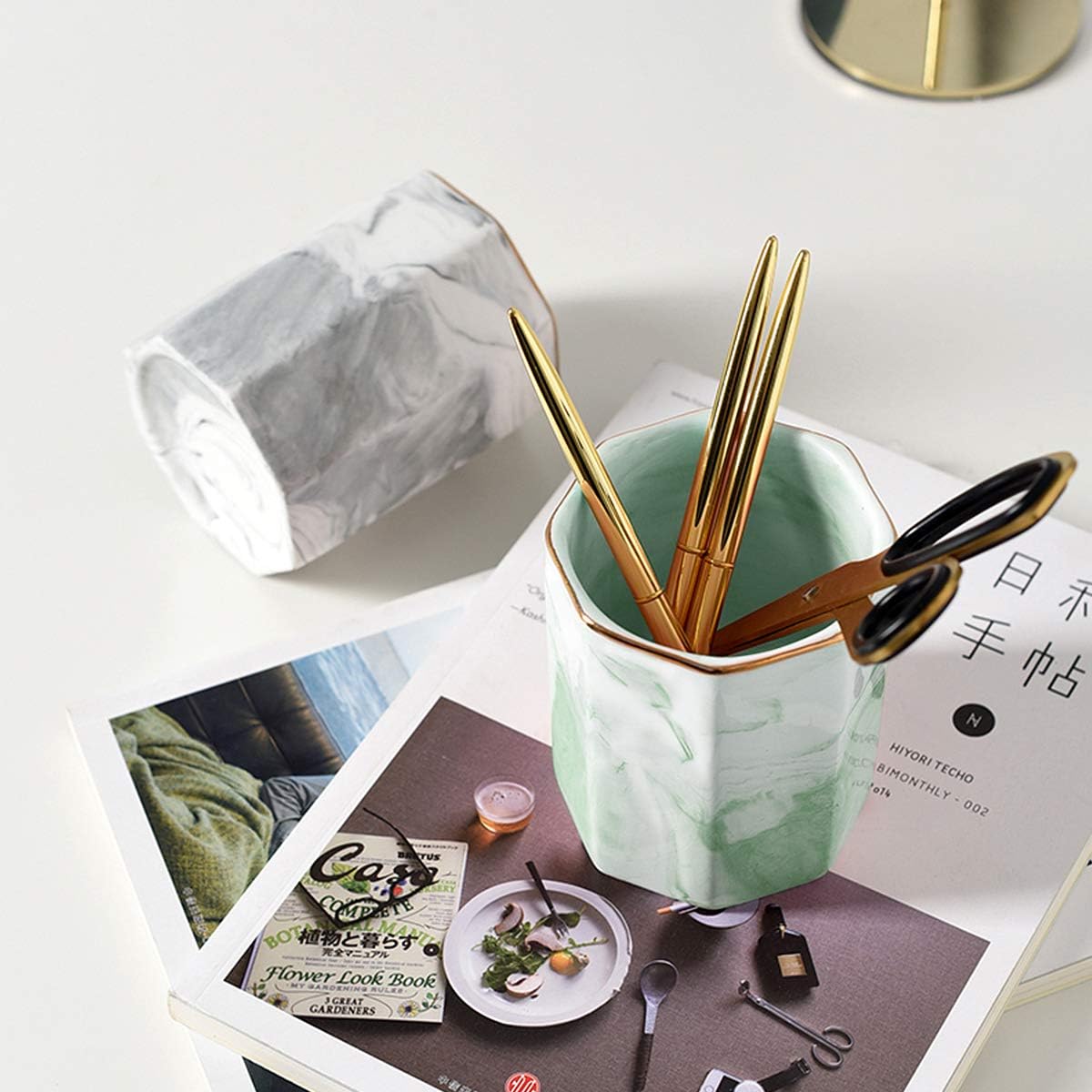 Pencil holder, pencil cup for desk, makeup brush holder cup, cute pencil stand marble decorative for kids durable ceramic desk organizer for office, classroom, home, antique green marble - view 5