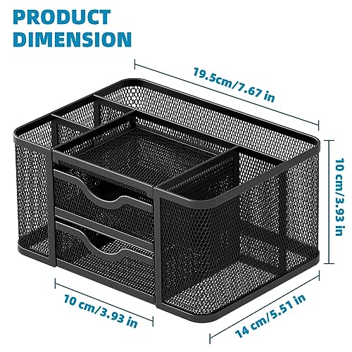Mesh Desk Organizer, Pen Organizer with 2 Drawer, Multi-Functional Pencil Holder, Desk Organizers and Accessories with 5 Compartments + Drawer for Office Art Supplies (Black) - view 4