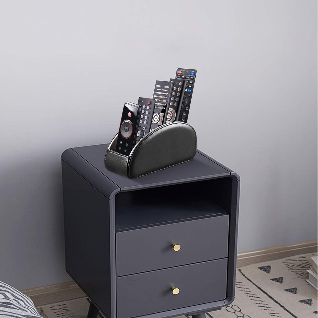 All-in-one leather TV remote control holder black with 5 compartments nightstand desktop DVD media player remote caddy storage box organizer tray for makeup brush pen stationery table controllers - view 7