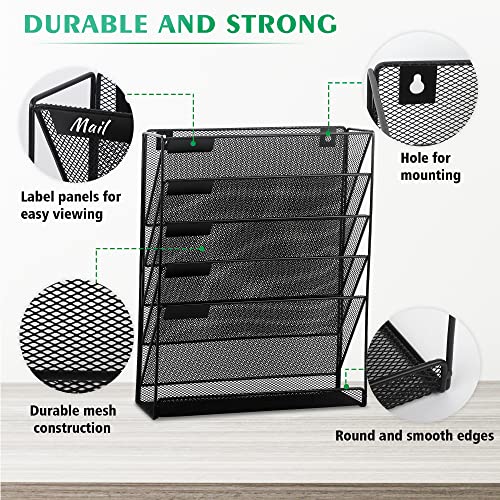 Desk File Organizer Mesh 6-Tier, Hanging Wall Mount Document Organization Stand, Desktop Vertical Mail Paper Folder Holder Rack with Bottom Tray for Office Home Cubicle Countertop, Black - view 5