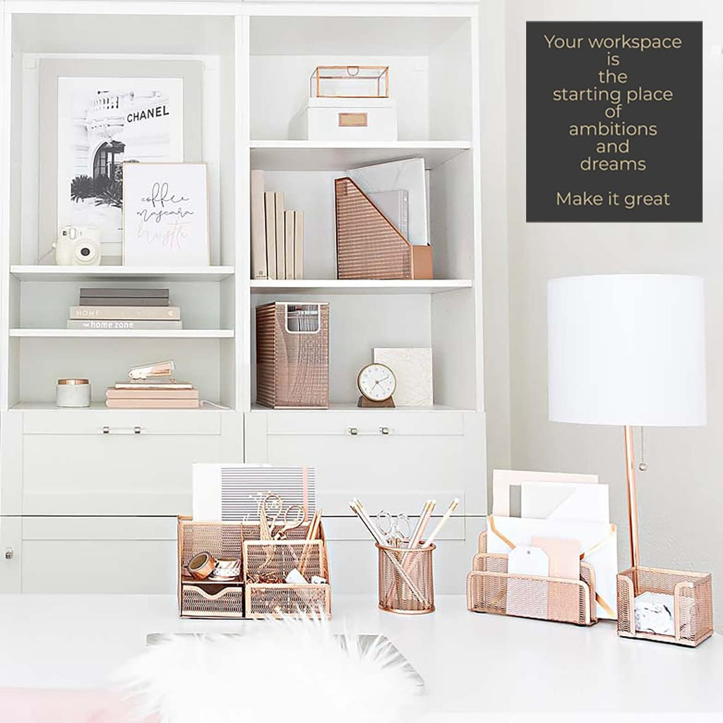 Rose Gold Desk Organizer Set | 5-Piece Metal Desktop Organization Kit With File Holder, Magazine Rack, Pen Cup, Sticky Note Holder and Letter Sorter | Stylish Office Accessories - view 2