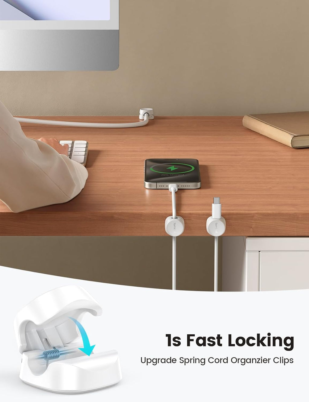 8 Pack Cord Organizer, [1s Lock] Cable Management Clips | Spring-Powered Cord Holder, Adhesive Phone Charger Keeper for Nightstand Desk Car, Office Home College Dorm Accessories - view 2