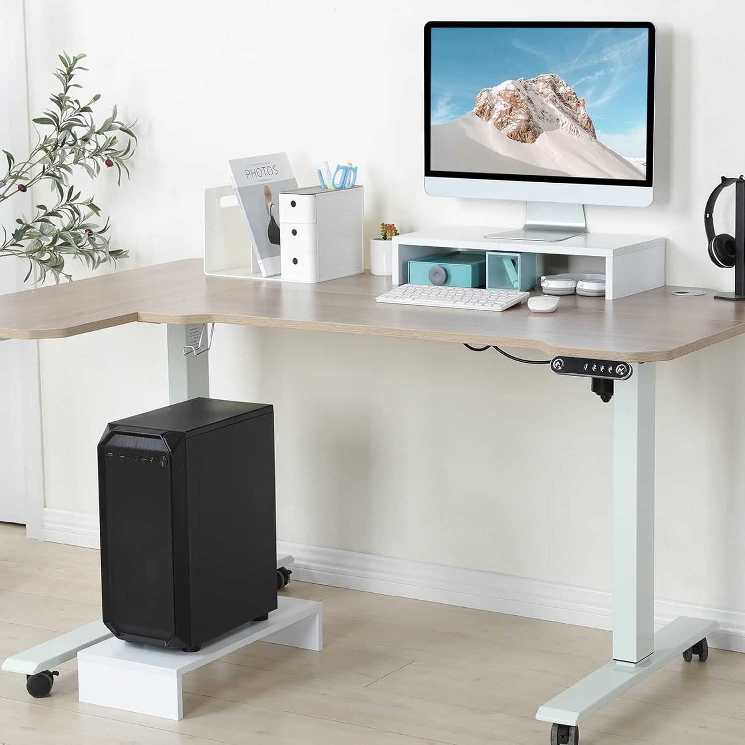 20 inch white monitor stand riser, wood desktop computer stand | fits laptop, printer, TV, PC tower, full keyboard storage underneath, ergonomic, desk organizer for home office gaming vanity - view 4