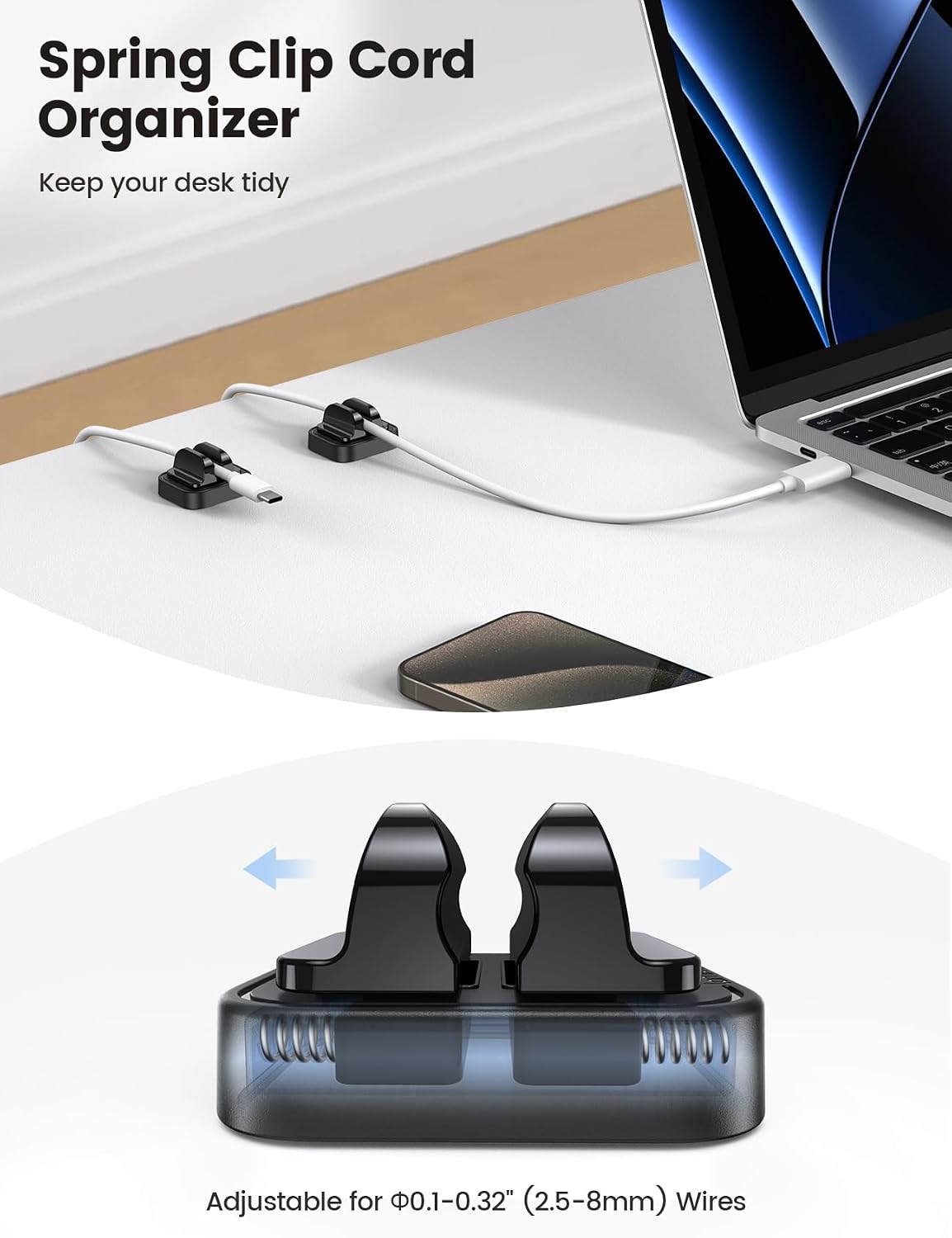 5Pack Cable Spring Holder Clips, Cord Organizer for Desk - Adjustable Cord Wire Holder Keeper, Phone Charger Organizer Clips, Wire Cable Management for Nightstand Wall Car Office Desktop | No-Residue Acrylic Adhesive, Phone Charger Wire Keeper, Cable Mana - view 2