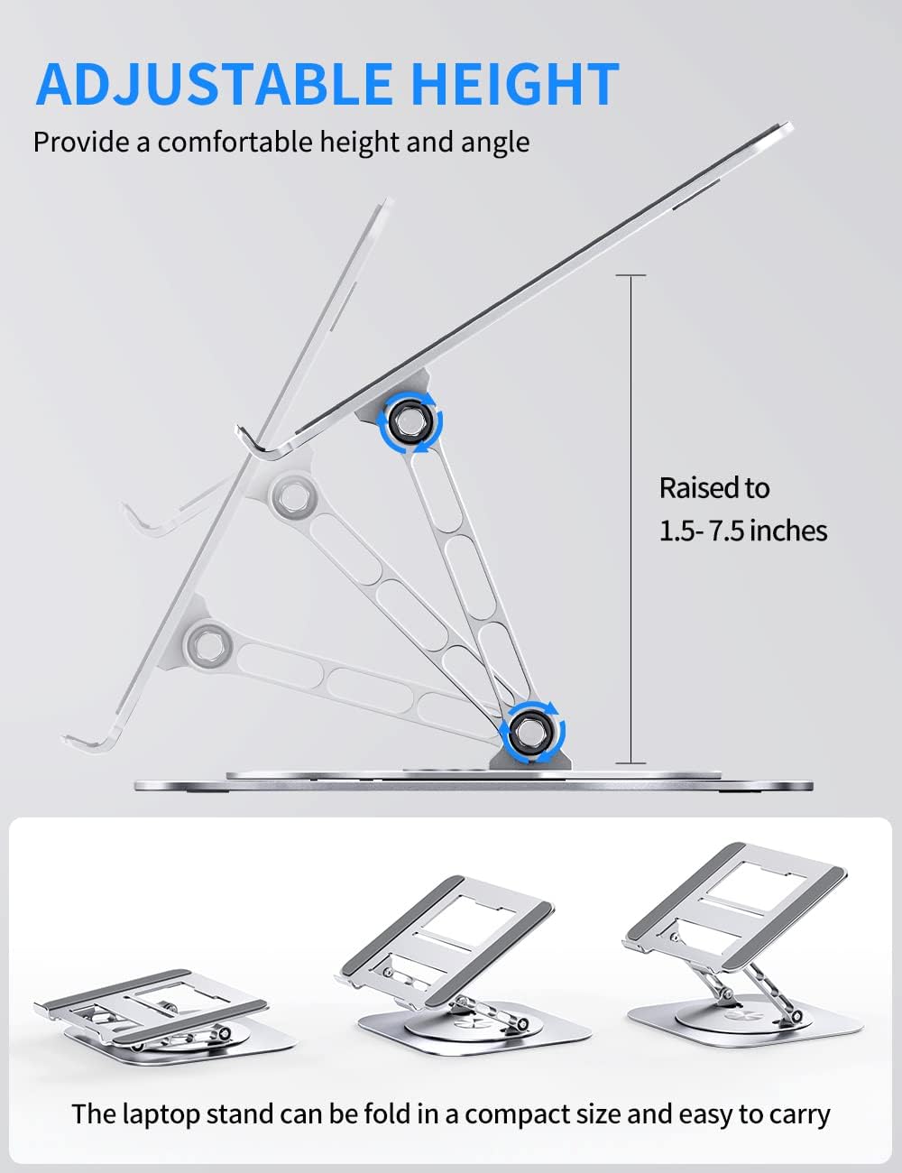 Adjustable computer stand with 360 rotating base, ergonomic foldable laptop riser for desk compatible with notebook up to 16 inches, silver - view 3