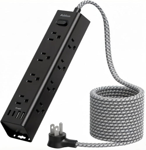 15ft extension cord, power strip surge protector with 12 AC outlets & 4 USB | flat plug, wall mount, 1050J surge protector, outlet extender for home office dorm room gaming desk setup, ETL listed