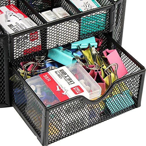 Desk Supplies Organizer Multi-functional Stationery Caddy Mesh Oval Pencil Holder Desk Office Supplies Organizer 9 Compartments with Drawer for Note Pads Black - view 3