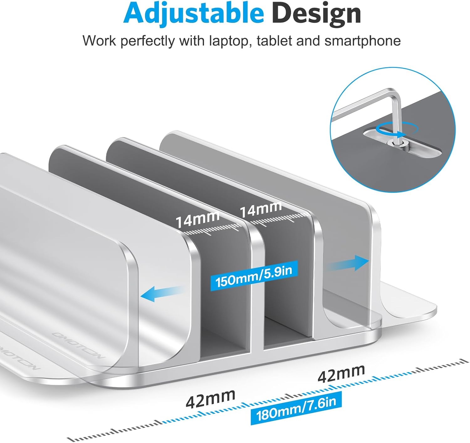 Dual vertical desk laptop stand holder, fits MacBook Air/Pro, silver | aluminum laptop storage rack for desk, adjustable dock for up to 17.3 in. gaming laptop, space-saving desk organizer - view 4