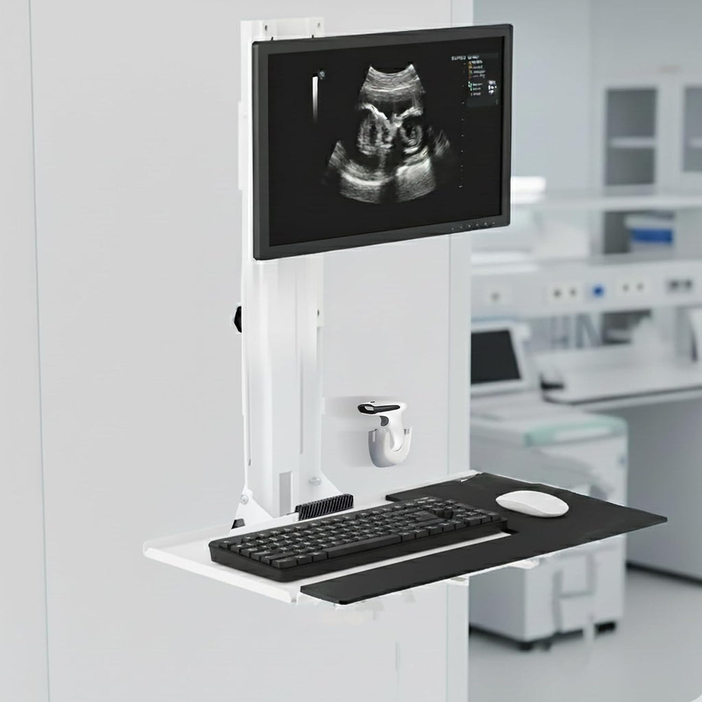 MED01 Medical Monitor and Keyboard Wall Mount For 17" to 32" Display with Height Adjustable Standing Keyboard Tray | Wide Platform with Mouse Pad | Wall Mount Scanner Holder - view 7