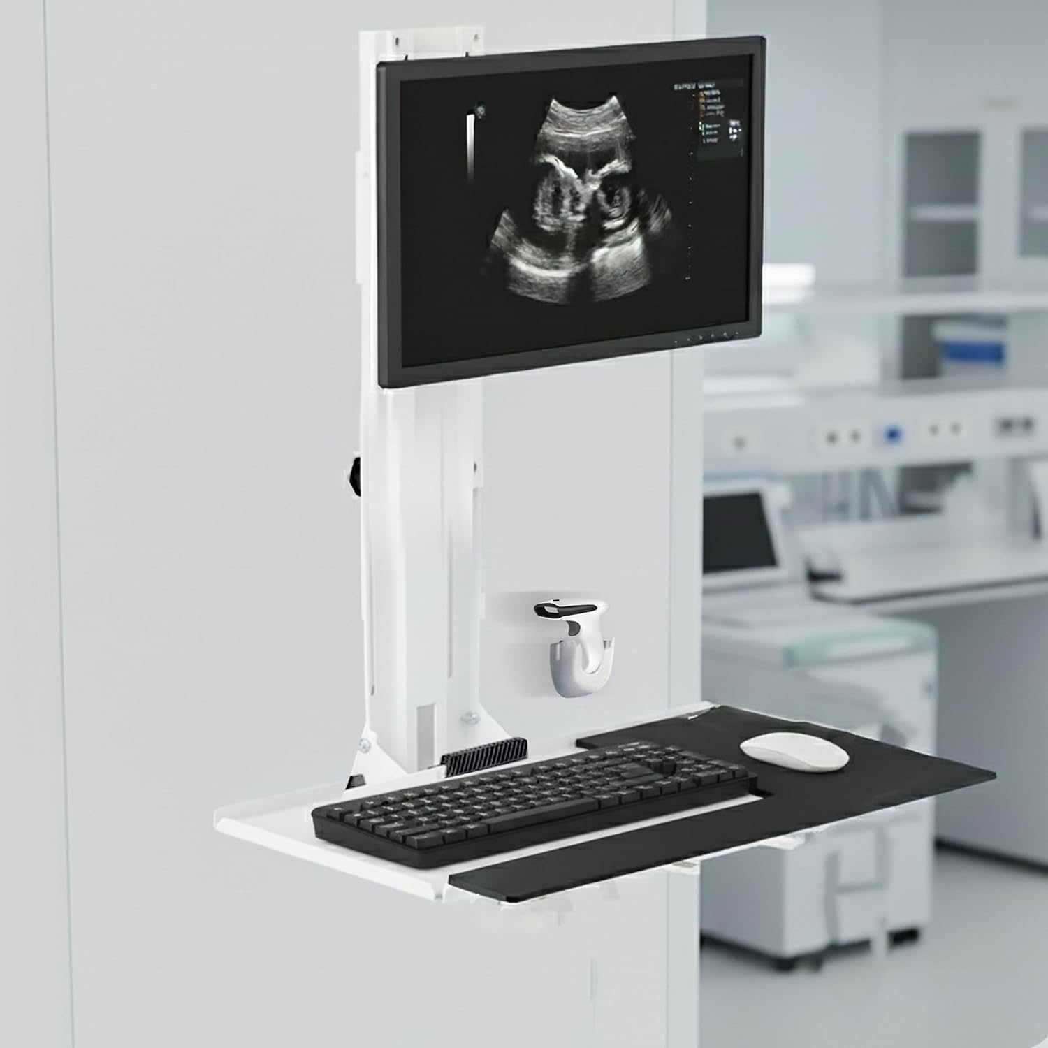 MED01 Medical Monitor and Keyboard Wall Mount For 17" to 32" Display with Height Adjustable Standing Keyboard Tray | Wide Platform with Mouse Pad | Wall Mount Scanner Holder - view 7