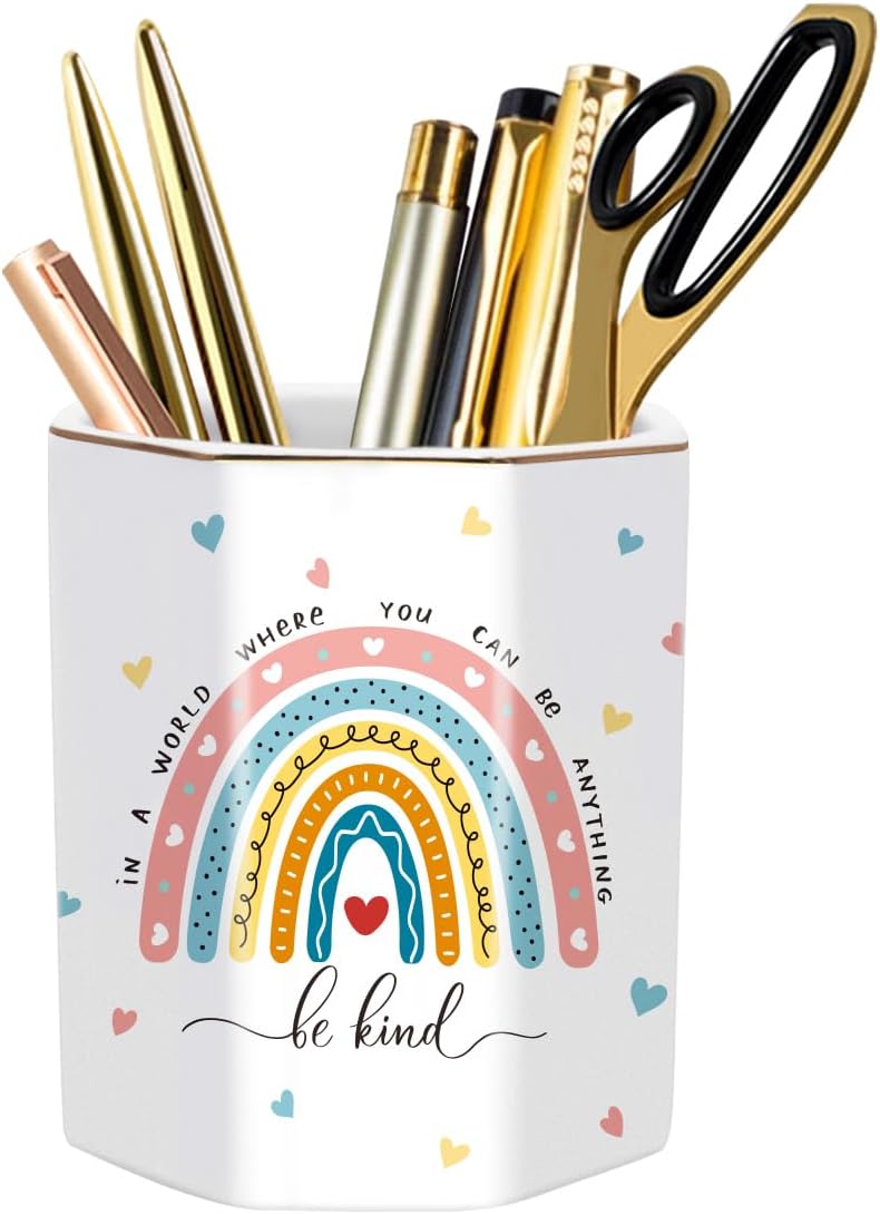 Pen holder for desk, cute ceramic pencil holder, pen cup marker holder makeup brush holders, desk accessories & workspace organizers for office, home, rainbow pattern