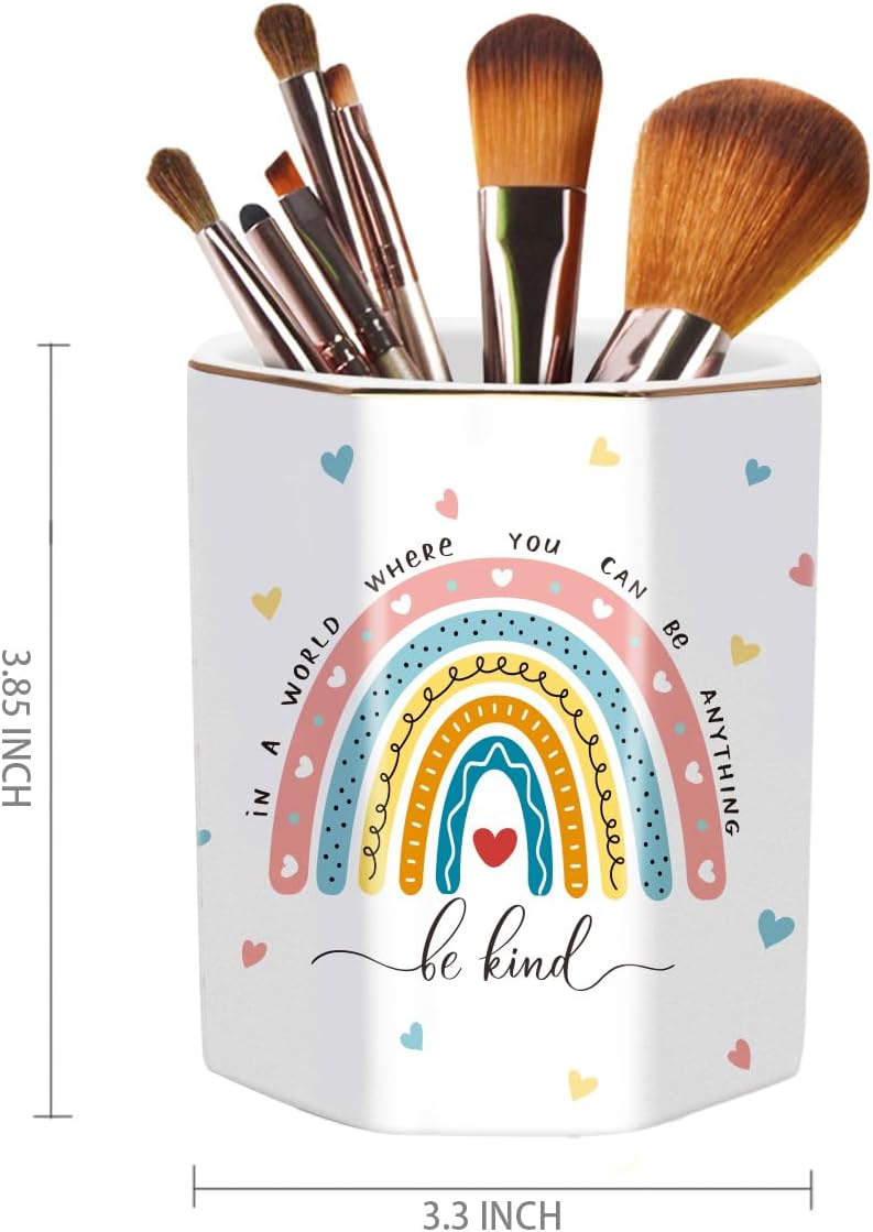 Pen holder for desk, cute ceramic pencil holder, pen cup marker holder makeup brush holders, desk accessories & workspace organizers for office, home, rainbow pattern - view 2