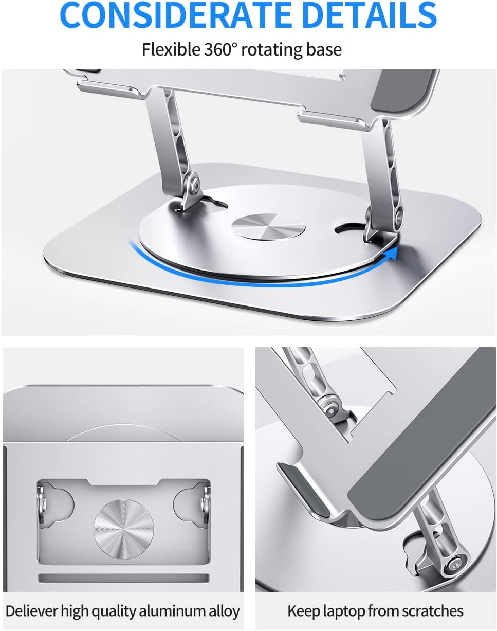 Adjustable computer stand with 360 rotating base, ergonomic foldable laptop riser for desk compatible with notebook up to 16 inches, silver - view 4