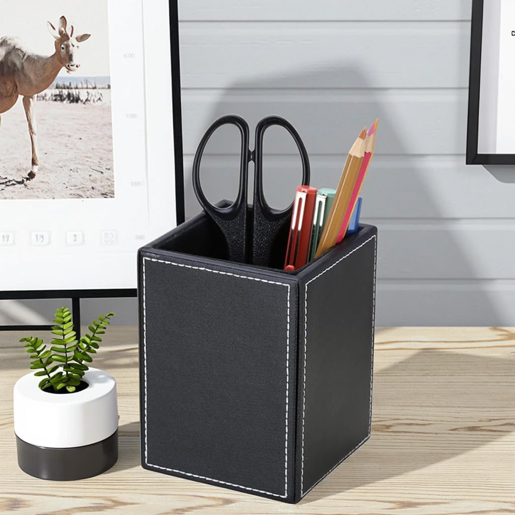 PU Leather Square Pens Pencils Holder Cup Desktop Stationery Organizer Case Office Accessories Container Box (black) - view 6