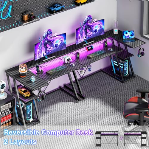 40 Inch Gaming Desk with Power Outlet, LED, Carbon Fiber Black - view 3