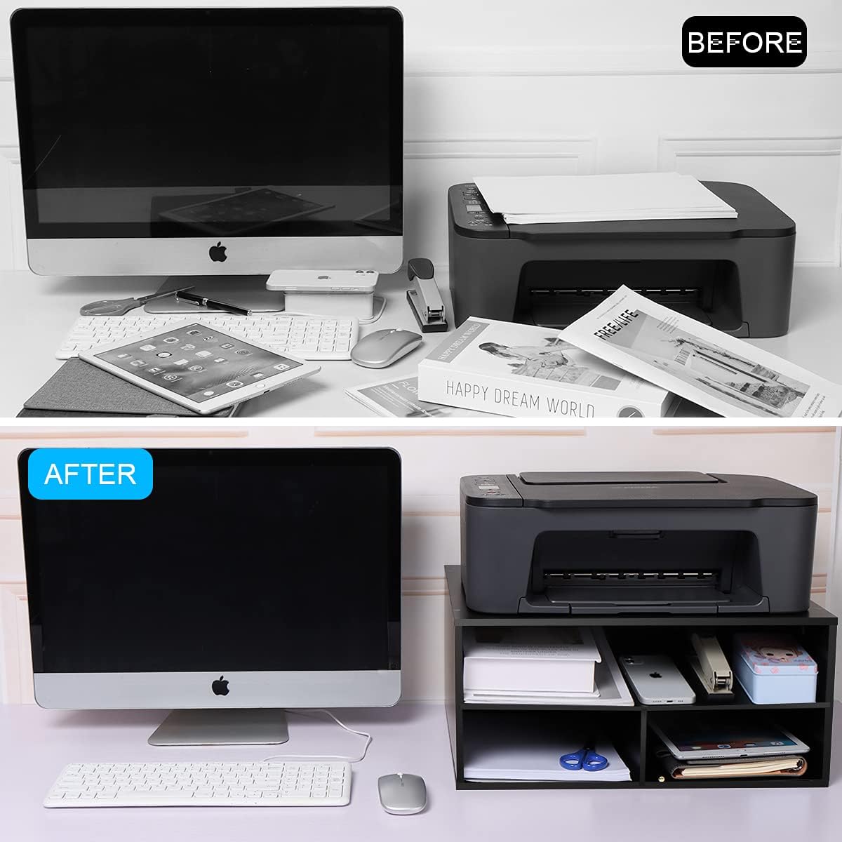 Printer stand for desk - 2 tier desktop printer stand with paper storage, printer riser organizer for home office, holds up to 30 lbs, black - view 2