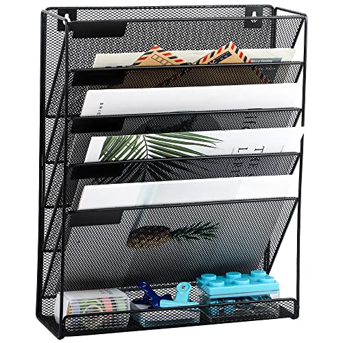Desk File Organizer Mesh 6-Tier, Hanging Wall Mount Document Organization Stand, Desktop Vertical Mail Paper Folder Holder Rack with Bottom Tray for Office Home Cubicle Countertop, Black