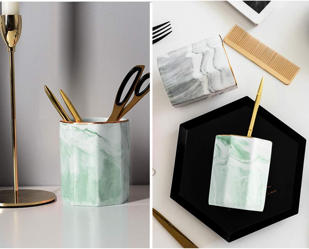Pencil holder, pencil cup for desk, makeup brush holder cup, cute pencil stand marble decorative for kids durable ceramic desk organizer for office, classroom, home, antique green marble - view 2