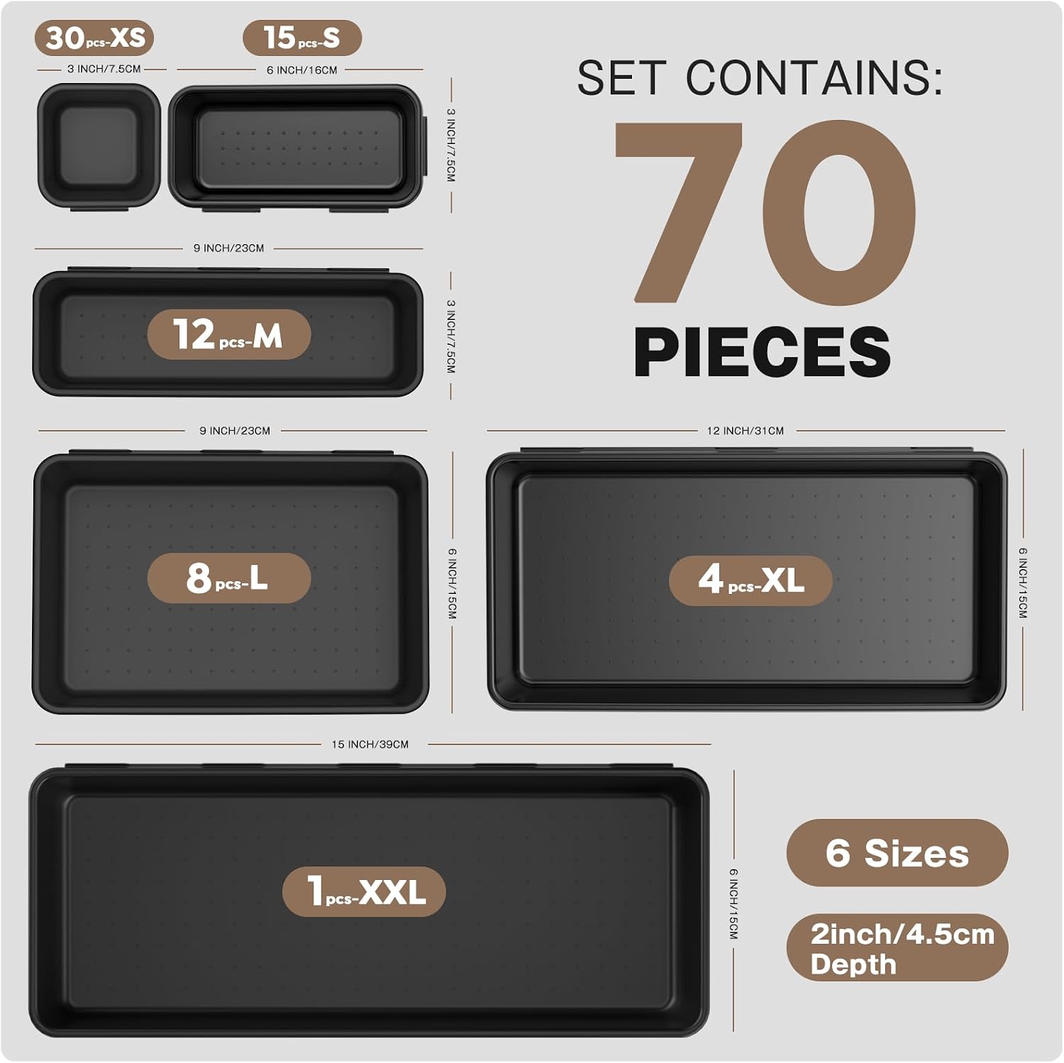 70 6 size tool box organizer tray divider set, black desk drawer organizer, garage organization and storage toolbox accessories rolling tool chest cart cabinet workbench small part - view 3