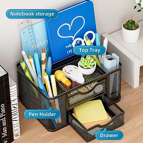 Mesh Desk Organizer, Pen Organizer with 2 Drawer, Multi-Functional Pencil Holder, Desk Organizers and Accessories with 5 Compartments + Drawer for Office Art Supplies (Black) - view 2