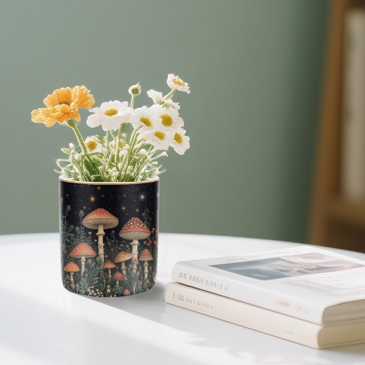Cute pen pencil holder for desk, durable ceramic organizer decor for room, office, classroom, mushroom pattern - view 5