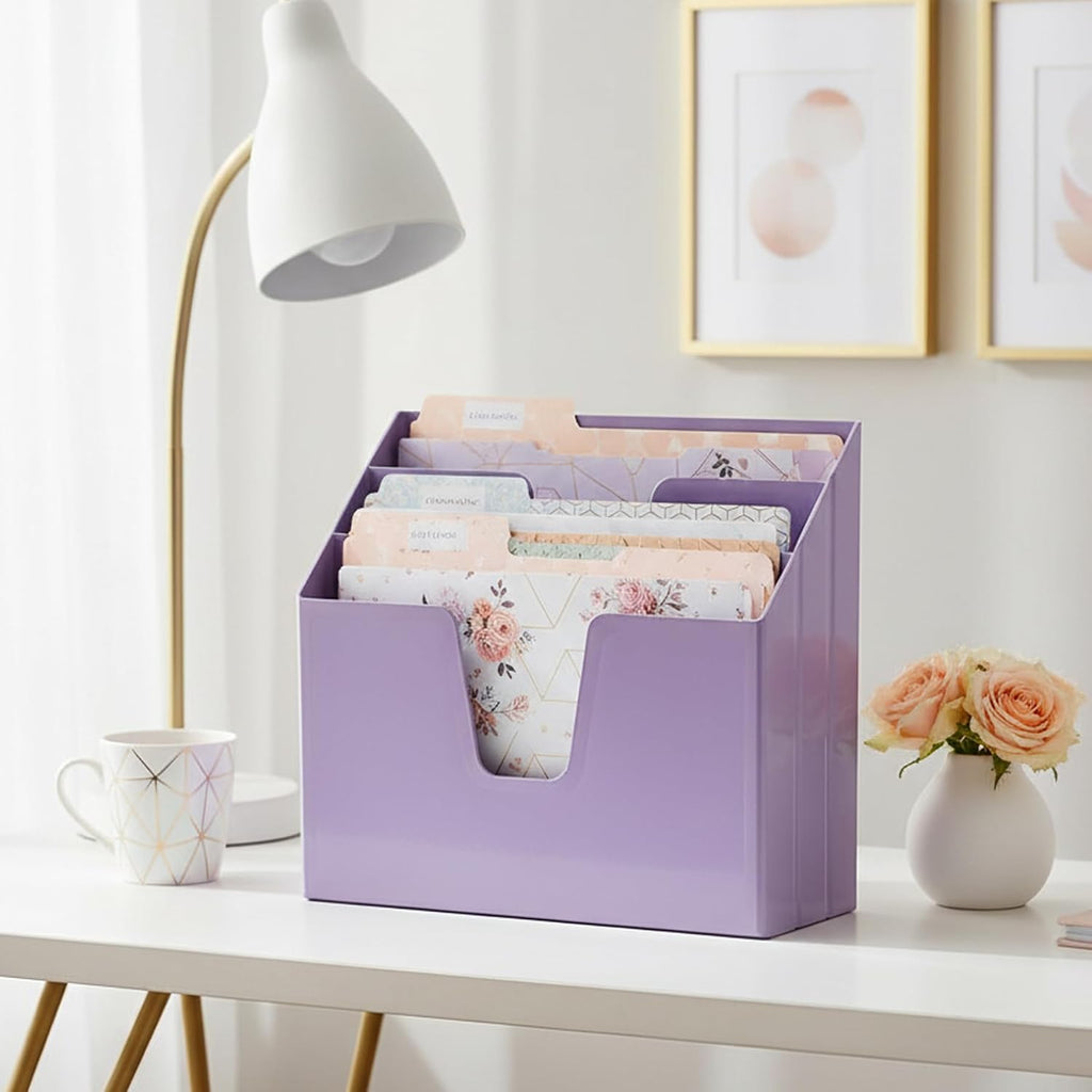 Horizontal Triple File Folder Organizer Sorter, Letter Size, Purple | 3 compartments to separate and organize documents, folders and papers - view 7