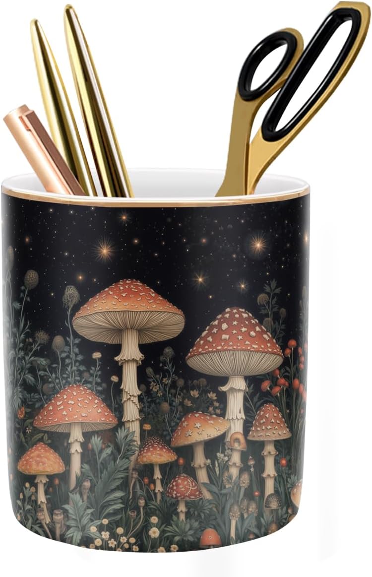 Cute pen pencil holder for desk, durable ceramic organizer decor for room, office, classroom, mushroom pattern