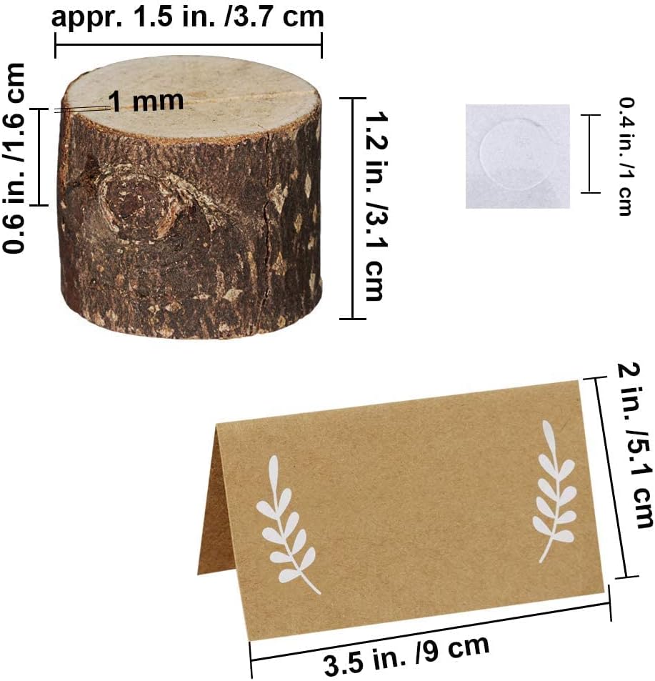 30 Pcs Rustic Wood Place Card Holders Circular Table Numbers Holder Stand Wooden Bark Memo Holder Card Photo Picture Note Clip Holders and Kraft Place Cards Bulk Wedding Party Table Number Sign - view 4
