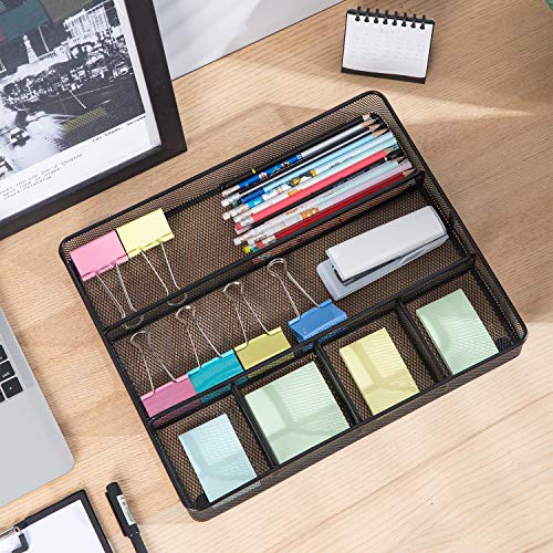 Metal Mesh Desk Organizer with 6 Compartments, Anti-Slip Pen Holder Storage Tray for Office Supplies and Home, Black - view 6