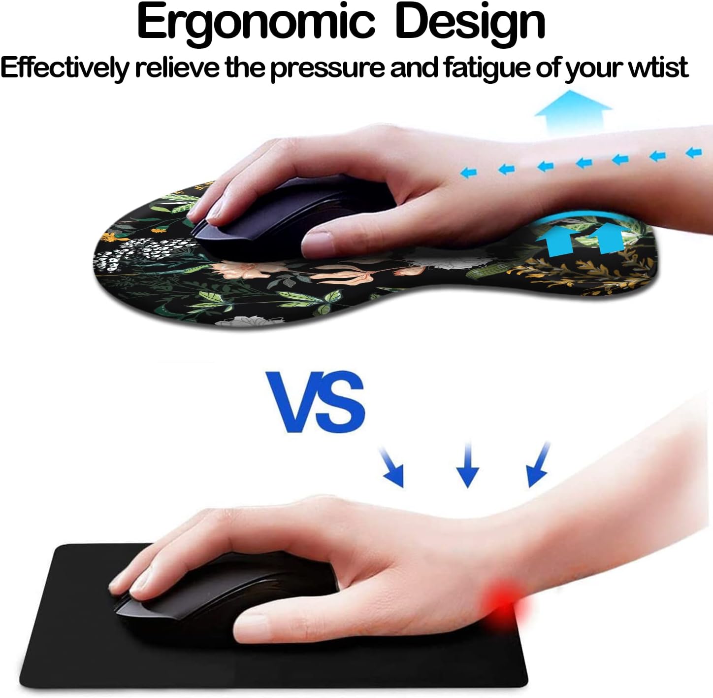 Ergonomic Mouse Pad with Wrist Support, Cute Mouse Pads with Non-Slip PU Base for Home Office Working Studying Easy Typing & Pain Relief Black Floral - view 2