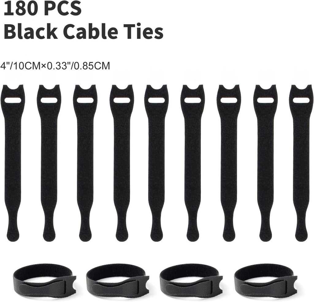 Cable Ties Reusable, 4 Inch Black Cord Management Straps | Adjustable Cord Ties, Multi-purpose Hook Loop Cable Management Ties for Organizing Home, Office, Data Centers, 180PCS - view 4