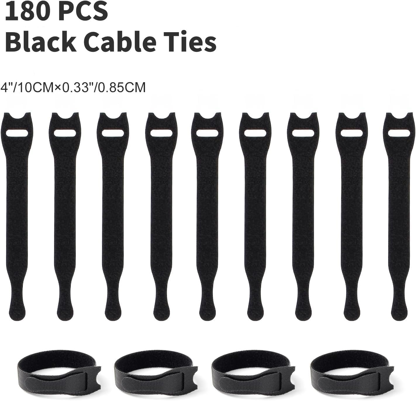 Cable Ties Reusable, 4 Inch Black Cord Management Straps | Adjustable Cord Ties, Multi-purpose Hook Loop Cable Management Ties for Organizing Home, Office, Data Centers, 180PCS - view 4