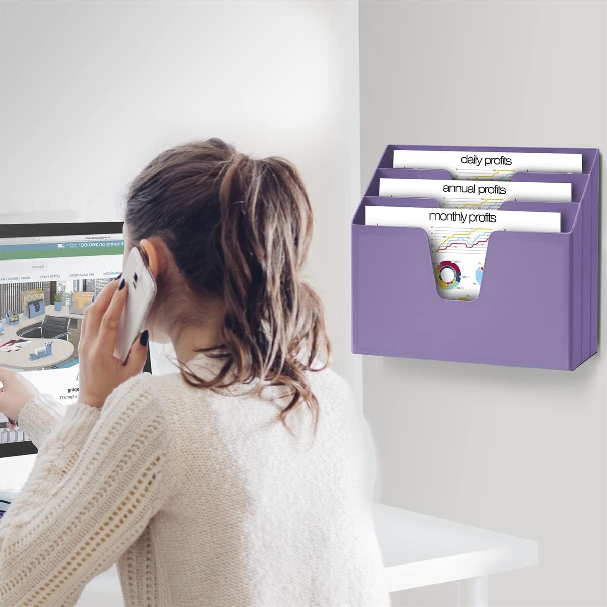 Horizontal Triple File Folder Organizer Sorter, Letter Size, Purple | 3 compartments to separate and organize documents, folders and papers - view 8