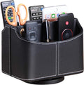 Remote control holder, 360° rotatable office desk stationery supply organizer | PU leather desktop storage box for media controllers, bedside table spinning TV remote caddy for iPad, mobile, pencil, makeup