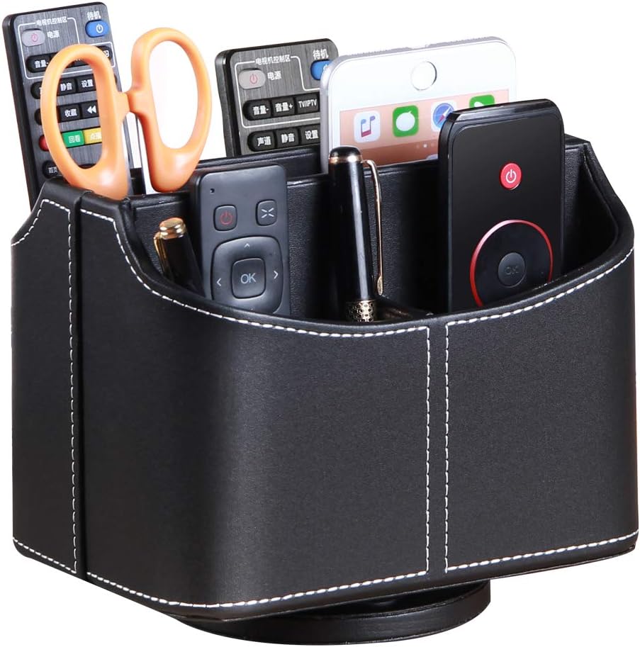 Remote control holder, 360° rotatable office desk stationery supply organizer | PU leather desktop storage box for media controllers, bedside table spinning TV remote caddy for iPad, mobile, pencil, makeup