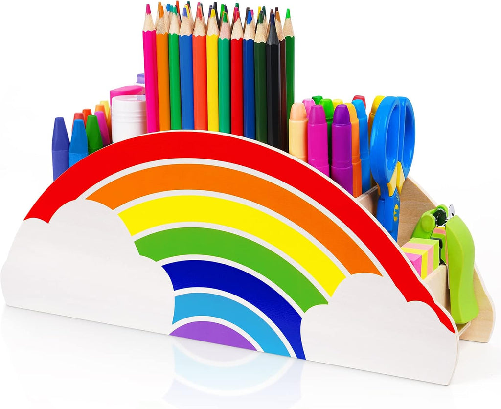 Rainbow Wooden Desk Organizer Natural Wood No Smell Childfriendly Cute Pen Pencil Holder Caddy for Office Supplies Classroom for Art Supply Makeup Brush Storage for Kids Present