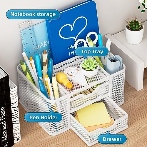 Mesh Desk Organizer, Pen Organizer with 2 Drawer, Multi-Functional Pencil Holder, Desk Organizers and Accessories with 5 Compartments + Drawer for Office Art Supplies (White) - view 2