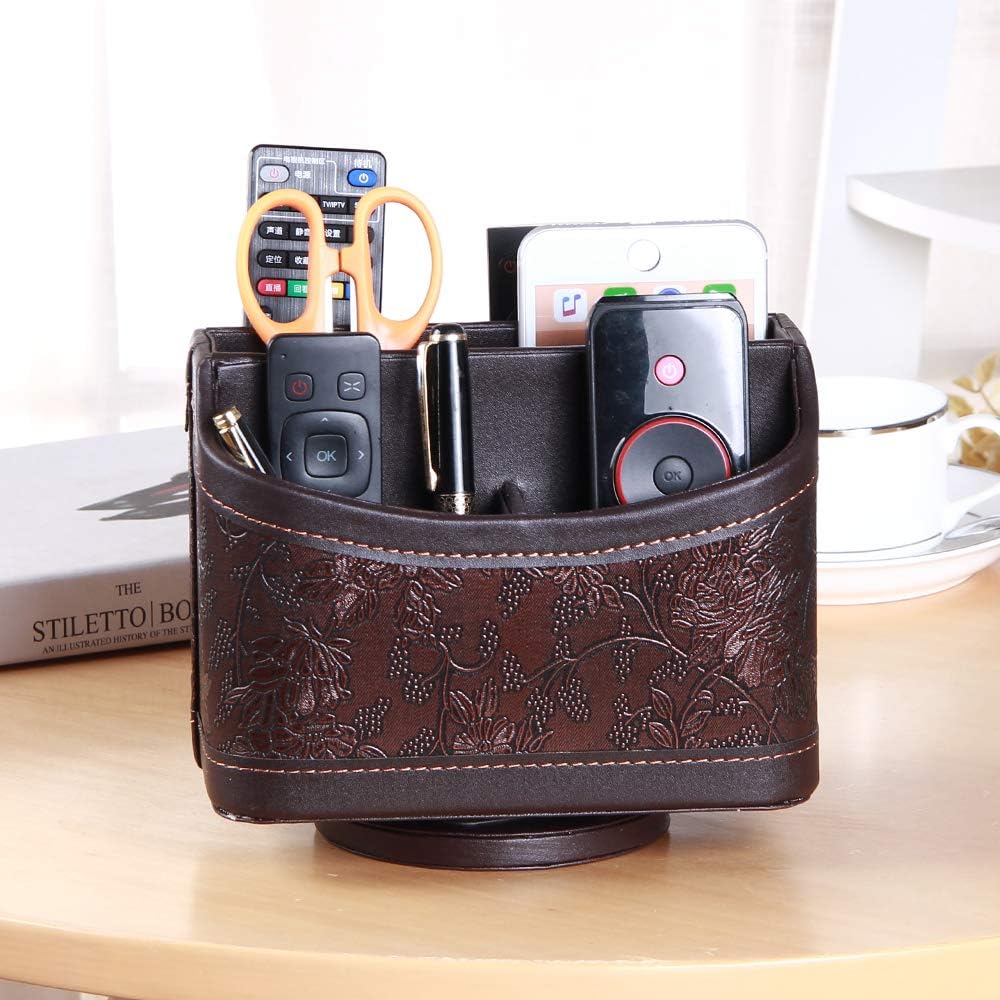 PU leather 360° rotatable remote control holder, nightstand TV remote caddy | office supplies desktop organizer, spinning storage box for pen, mail, phone, DVD, Blu-Ray, media player, heater controllers - view 2