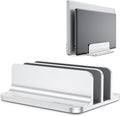 Dual vertical desk laptop stand holder, fits MacBook Air/Pro, silver | aluminum laptop storage rack for desk, adjustable dock for up to 17.3 in. gaming laptop, space-saving desk organizer