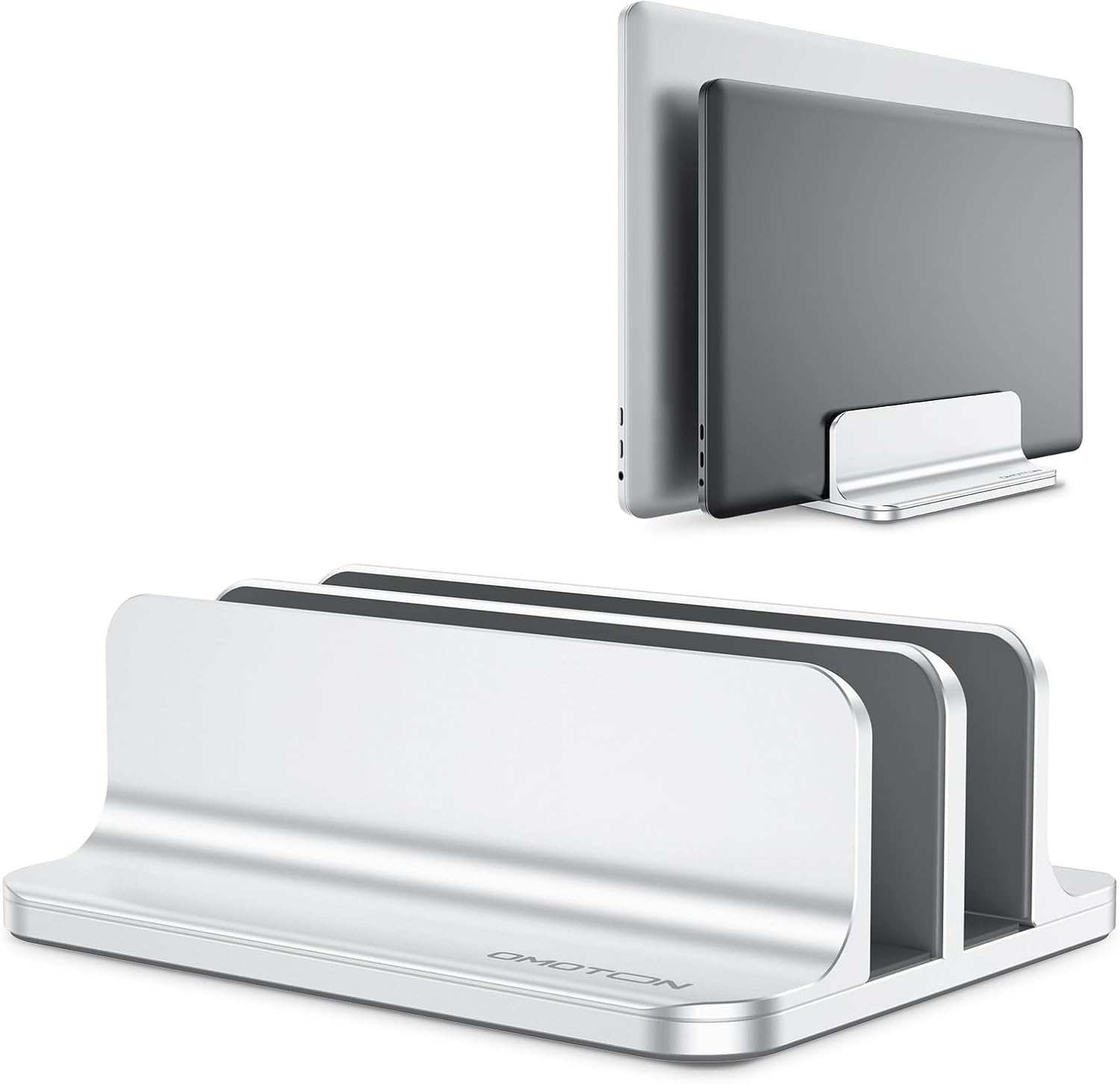 Dual vertical desk laptop stand holder, fits MacBook Air/Pro, silver | aluminum laptop storage rack for desk, adjustable dock for up to 17.3 in. gaming laptop, space-saving desk organizer