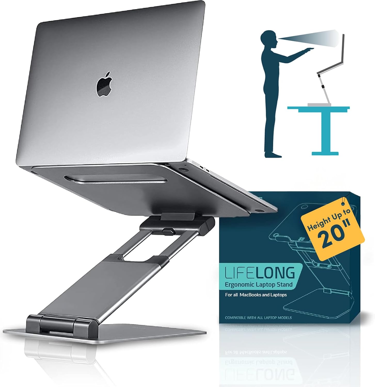 Aluminum Adjustable Laptop Stand, Extra Tall 20" Riser, Grey | Ergonomic Portable Foldable Computer Stand, Fits 10-17” Laptops for Office Meetings, Teamwork & Desk Setup