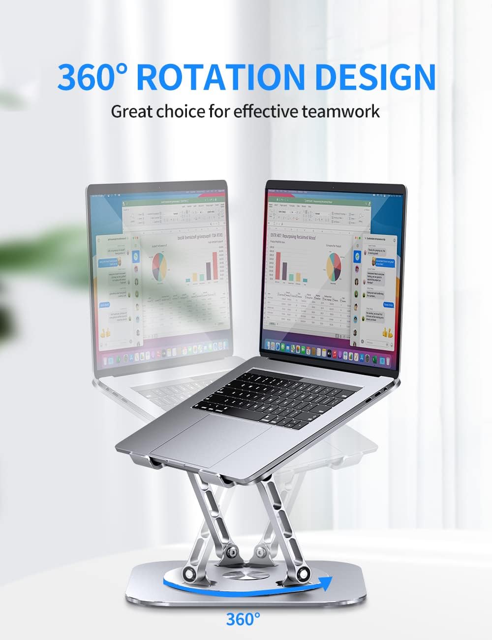 Adjustable computer stand with 360 rotating base, ergonomic foldable laptop riser for desk compatible with notebook up to 16 inches, silver - view 2