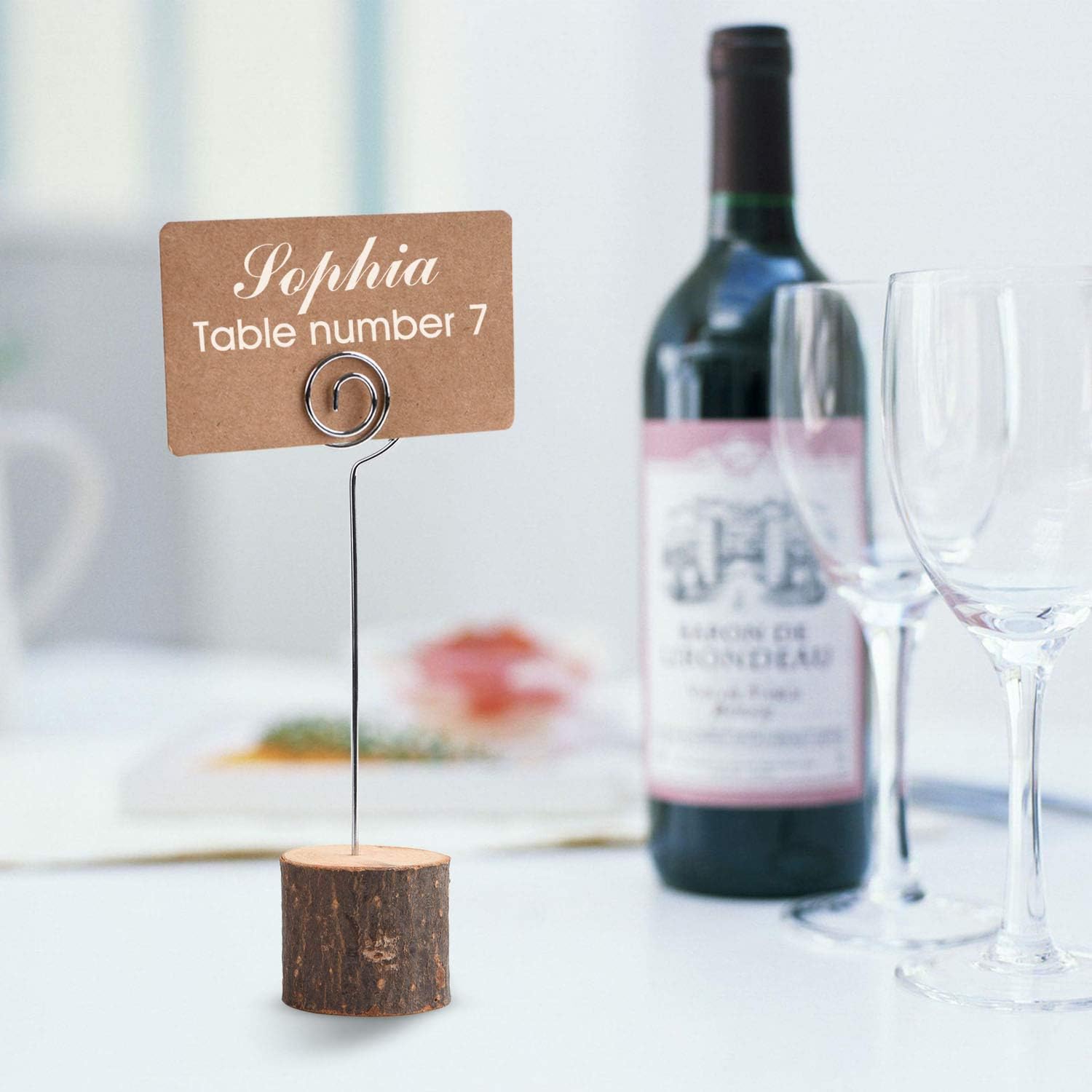 20Pcs Premium Wood Place Card Holders with Swirl Wire and 30 Pcs Kraft Place Cards, Memo Holder, Table Number Holders Stands, Name Cards Photo Holders for Wedding Party Sign Food Cards Label - view 3