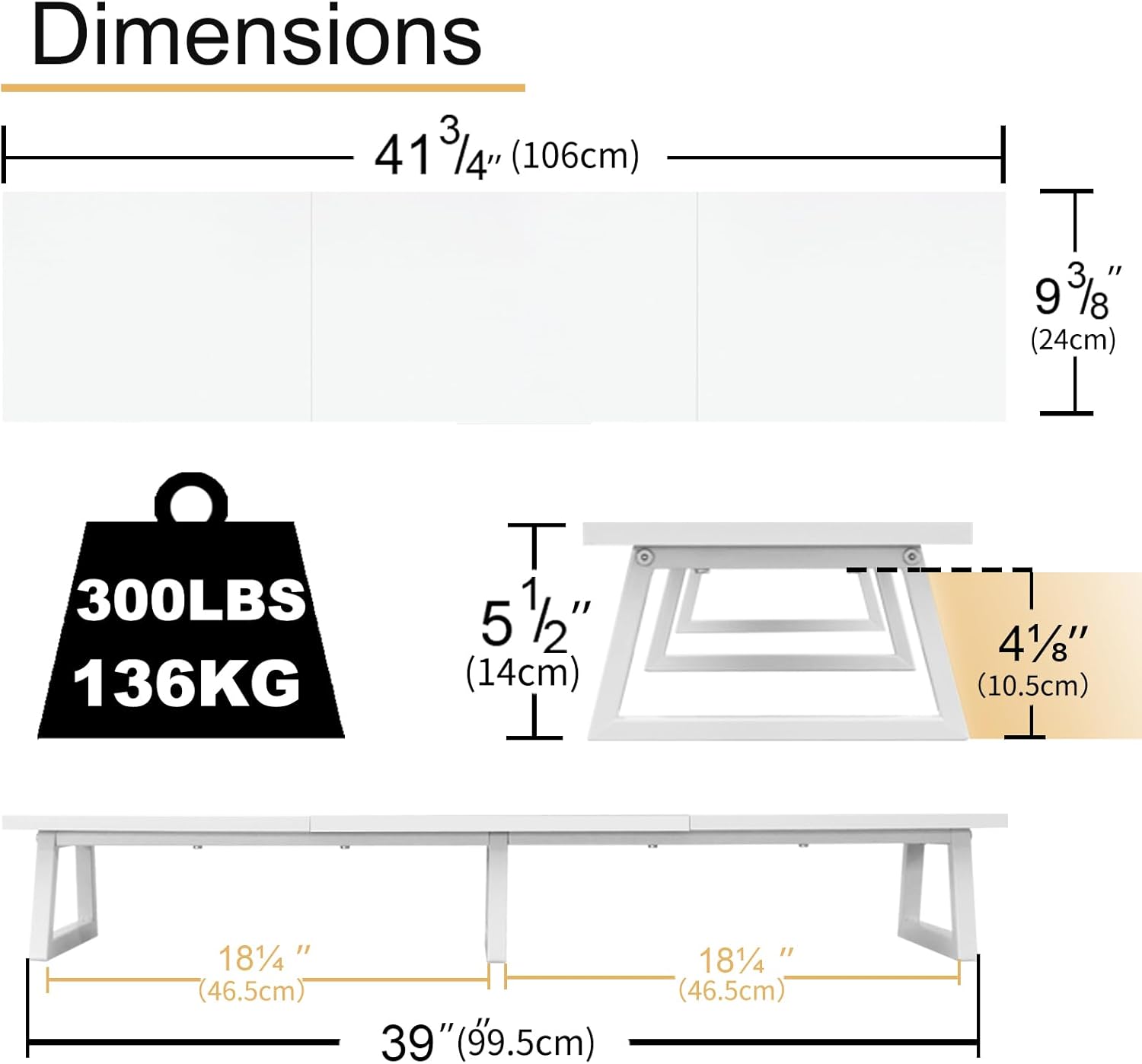 42 inch dual monitor riser white, desk organizer stand for TV laptop | extra long stand riser for 2 monitors, wood & steel TV riser, holds 300lbs, keyboard & PS5 storage, for home office & gaming - view 5