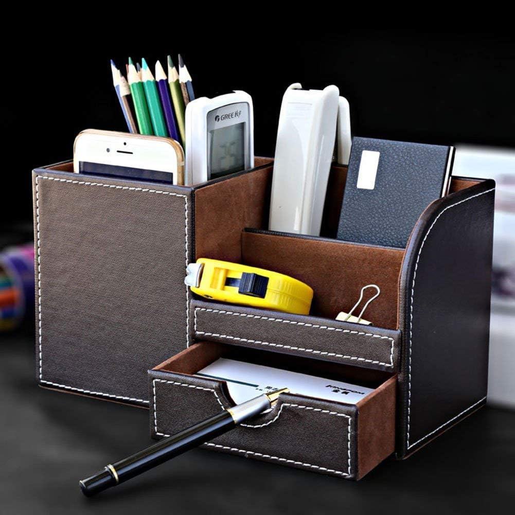 Desk Organizer Office Supplies Caddy Pu Leather Multi-function Storage Box Pen/Pencil,Cell phone, Business Name Cards Remote Control Holder with Small Drawer Brown - view 5