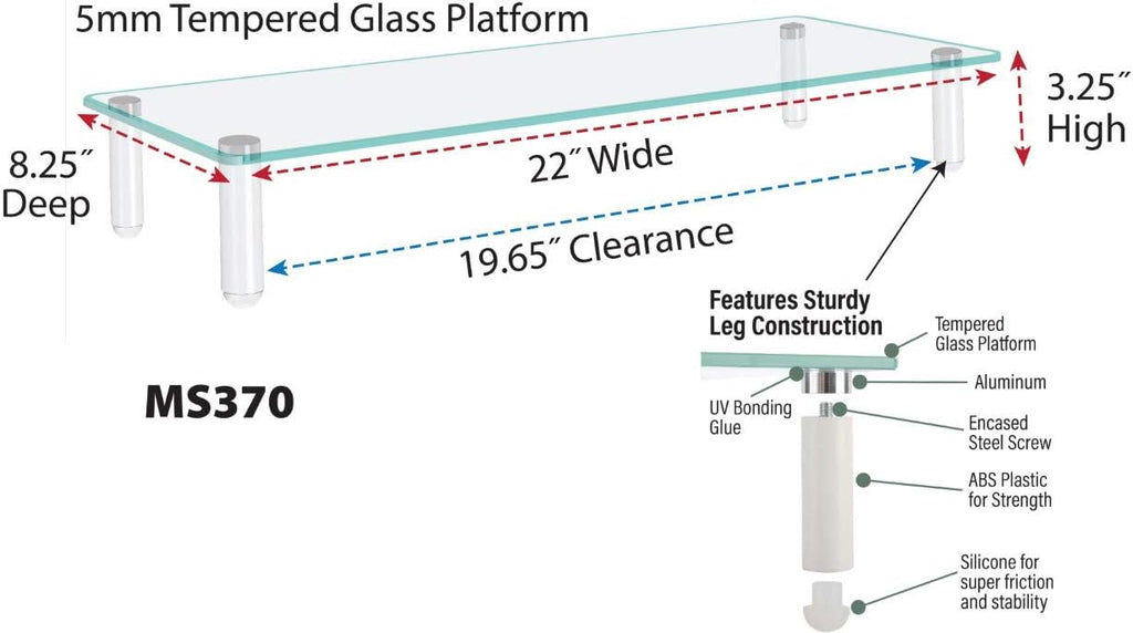 Glass Monitor Riser with 5mm Tempered Glass Platform and 40-Pound Capacity, 22-Inch W x 8.25-Inch D x 3.25-Inch H, Clear Glass (MS370) - view 3