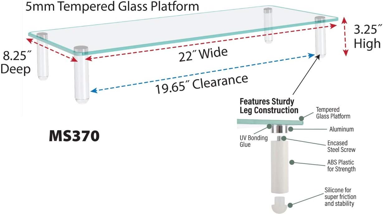 Glass Monitor Riser with 5mm Tempered Glass Platform and 40-Pound Capacity, 22-Inch W x 8.25-Inch D x 3.25-Inch H, Clear Glass (MS370) - view 3