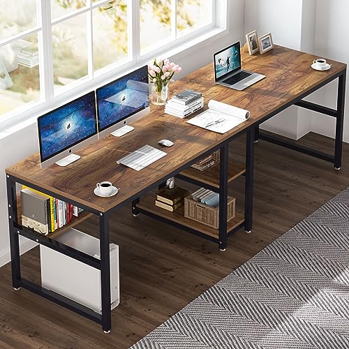 Two Person Desk with Bookshelf, 78.7 Computer Office Double Desk for Two Person, Rustic Writing Desk Workstation with Shelf for Home Office (Brown) - view 4